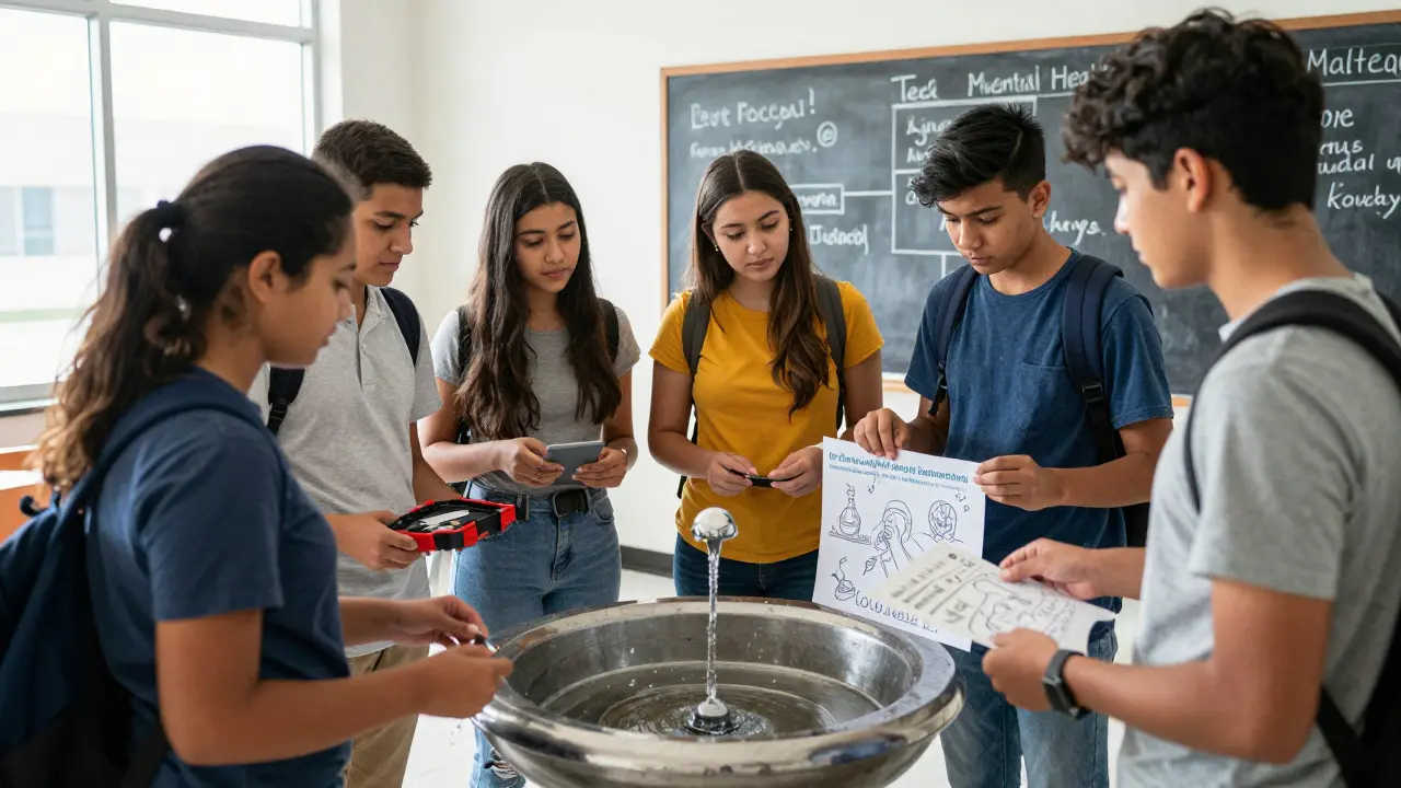 Students repair a water fountain and design a mental health campaign poster together.