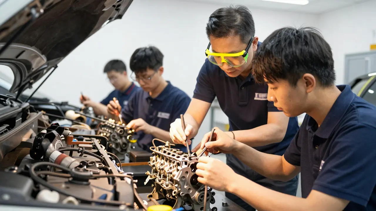 Students repairing cars in school automotive workshop with mentor.