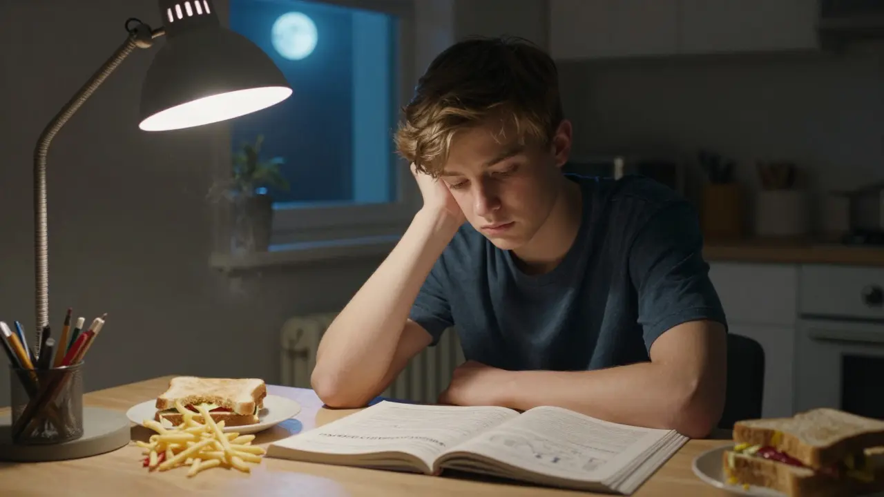 Teen studying chemistry at night after a long work shift, food still on the table.