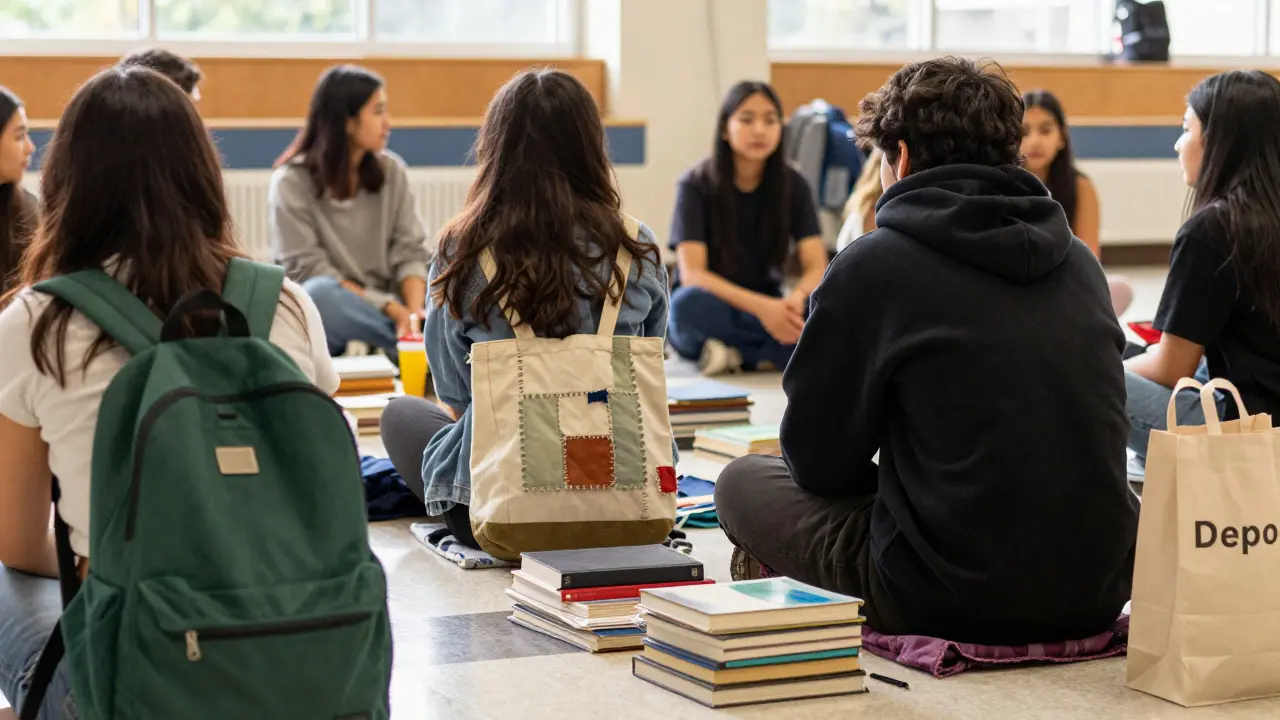 Teens sitting with thrifted clothing and recycled bags in a sunlit school commons area.