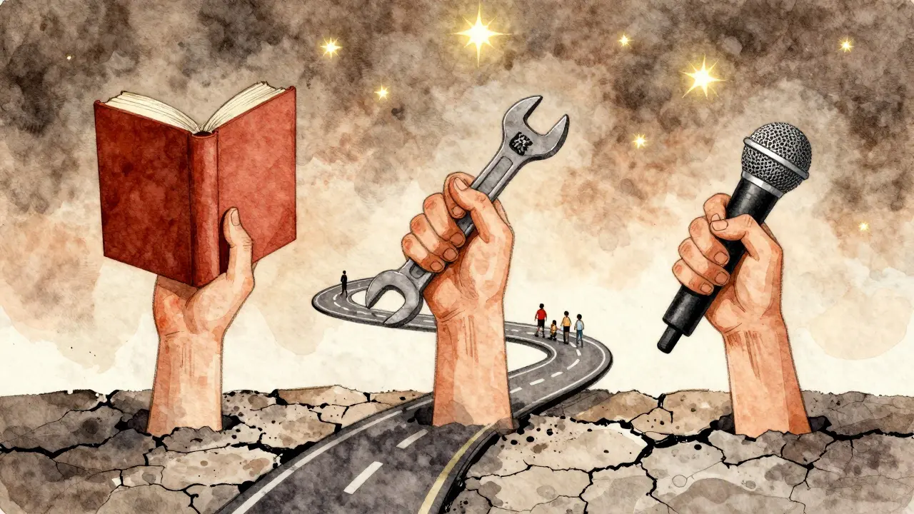 Three hands holding books, tools, and microphones rising from pavement into a road of stars.