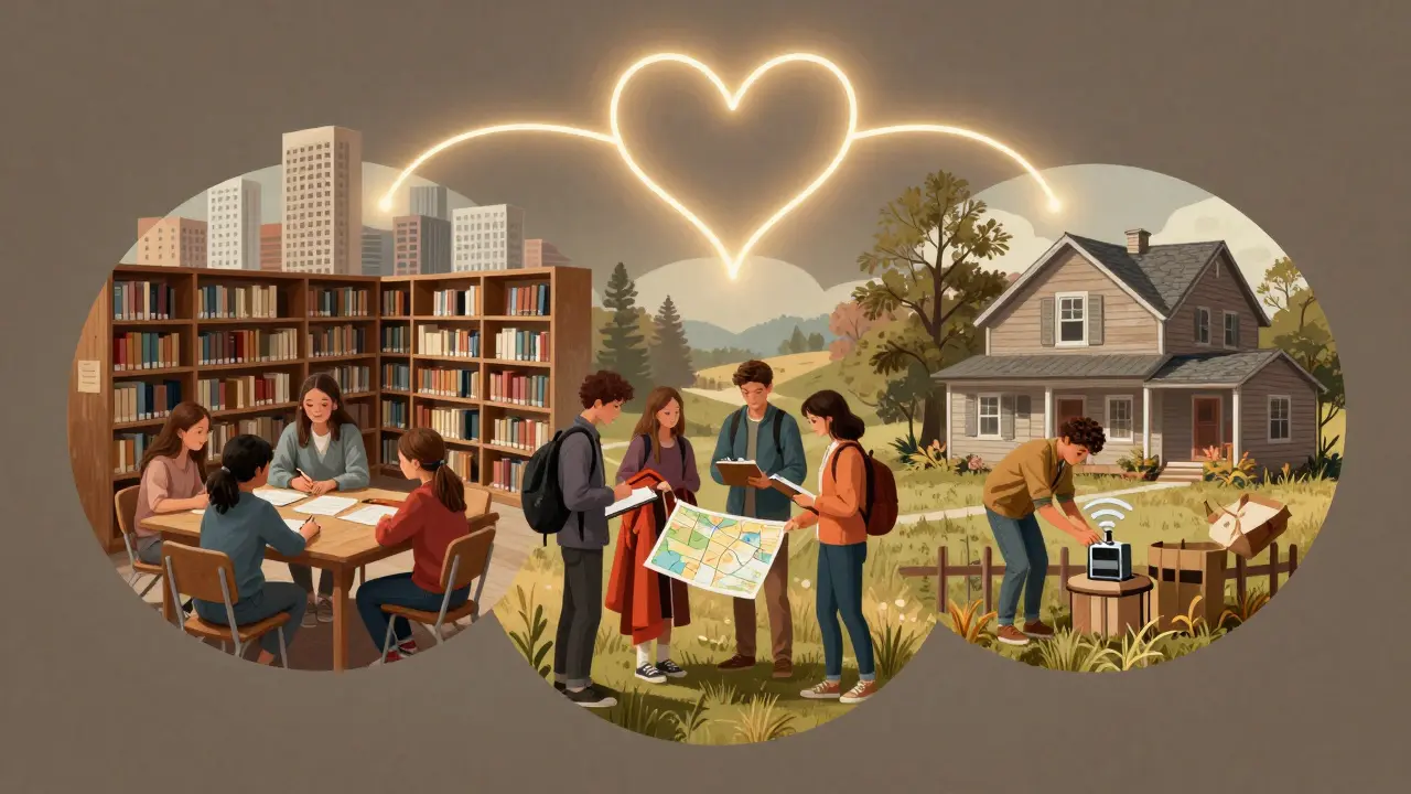 Three scenes—urban tutoring, suburban coat drive, rural tech help—connected by a heart-shaped thread.