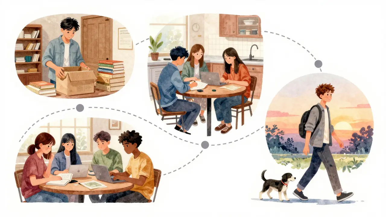 Three students engaged in non-traditional responsibilities — tutoring, organizing, and pet care — all demonstrating reliability.