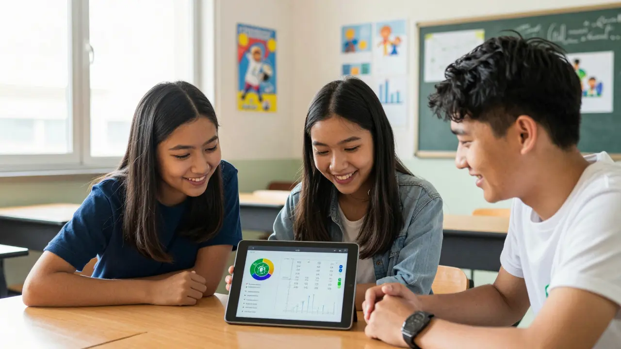 Three students working together on a tablet, solving a math problem using sports data in a bright, supportive classroom.