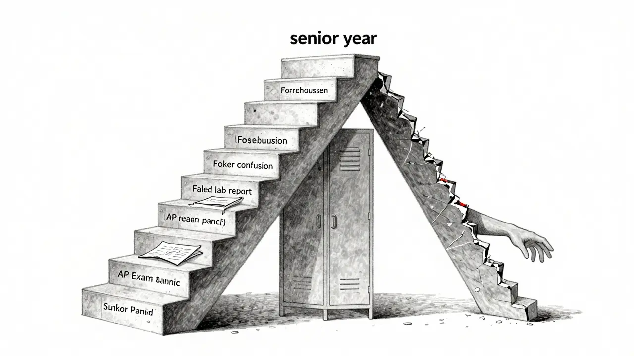 Three symbolic staircases representing high school years, with senior year towering and cracked, one hand reaching for help.