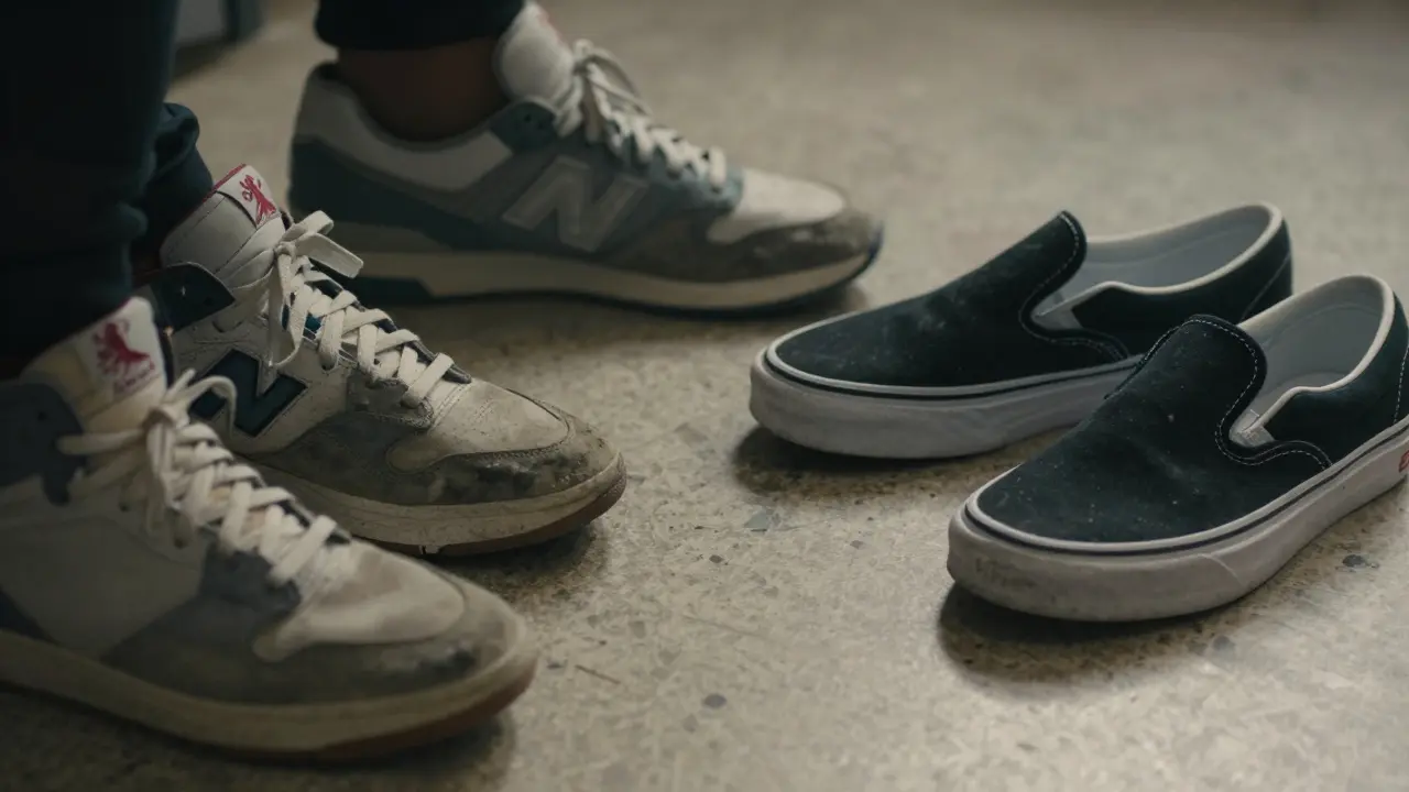 Three worn pairs of sneakers on a school floor—Air Jordans, New Balance, and Vans.