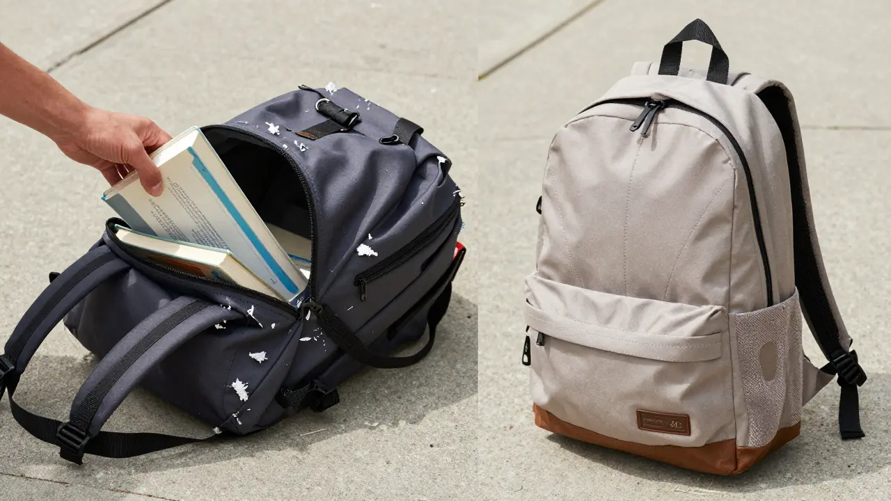 Two backpacks side by side: one damaged and broken, the other sturdy and well-made, highlighting material quality and construction.