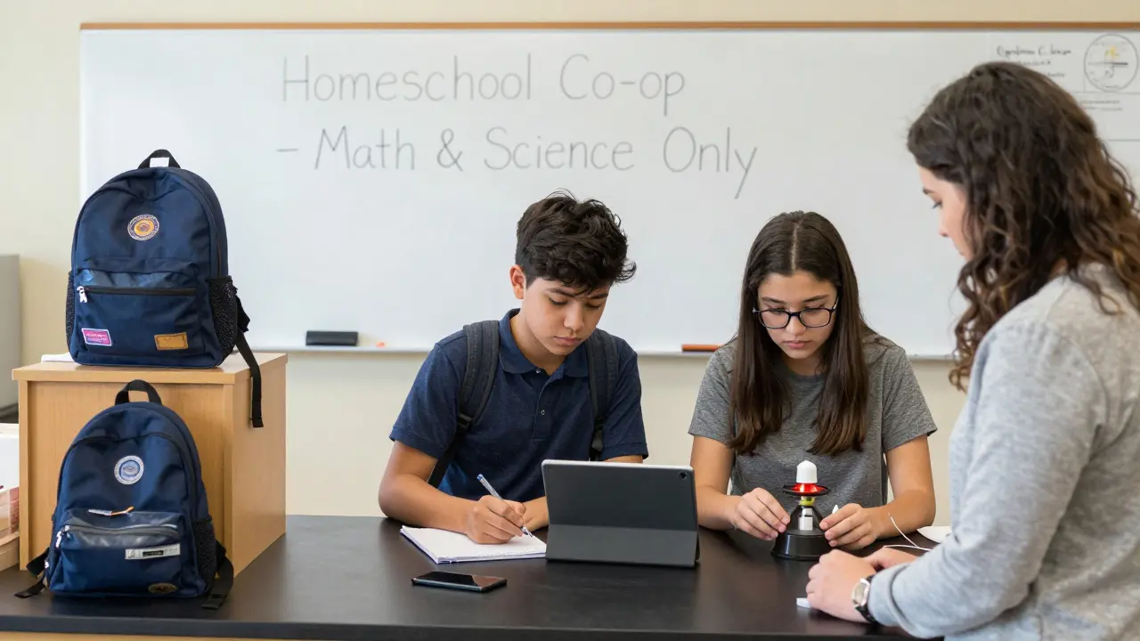 Two students in a public school lab, one using a tablet, the other conducting an experiment, teacher assisting, homeschool materials visible.
