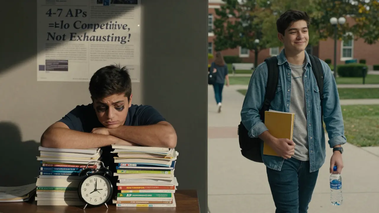 Two students: one exhausted from too many APs, another calm with just three AP books.