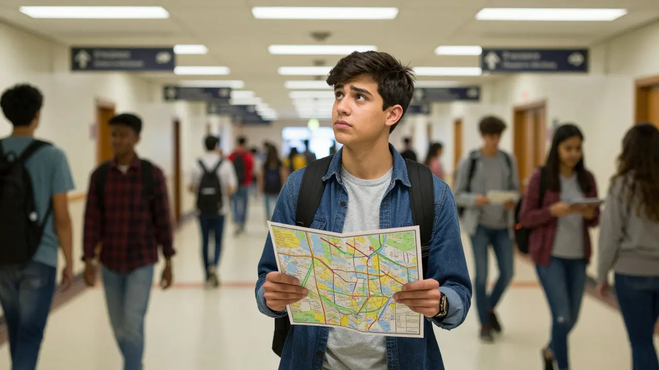 A confused freshman lost in the crowded hallways of high school, holding a crumpled map.