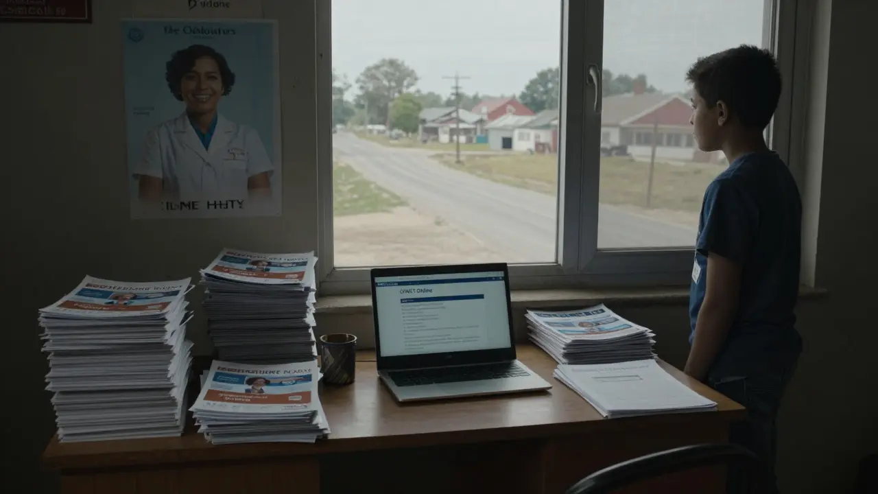 A counselor surrounded by college brochures while a student looks at a dental hygienist poster in a dimly lit office.