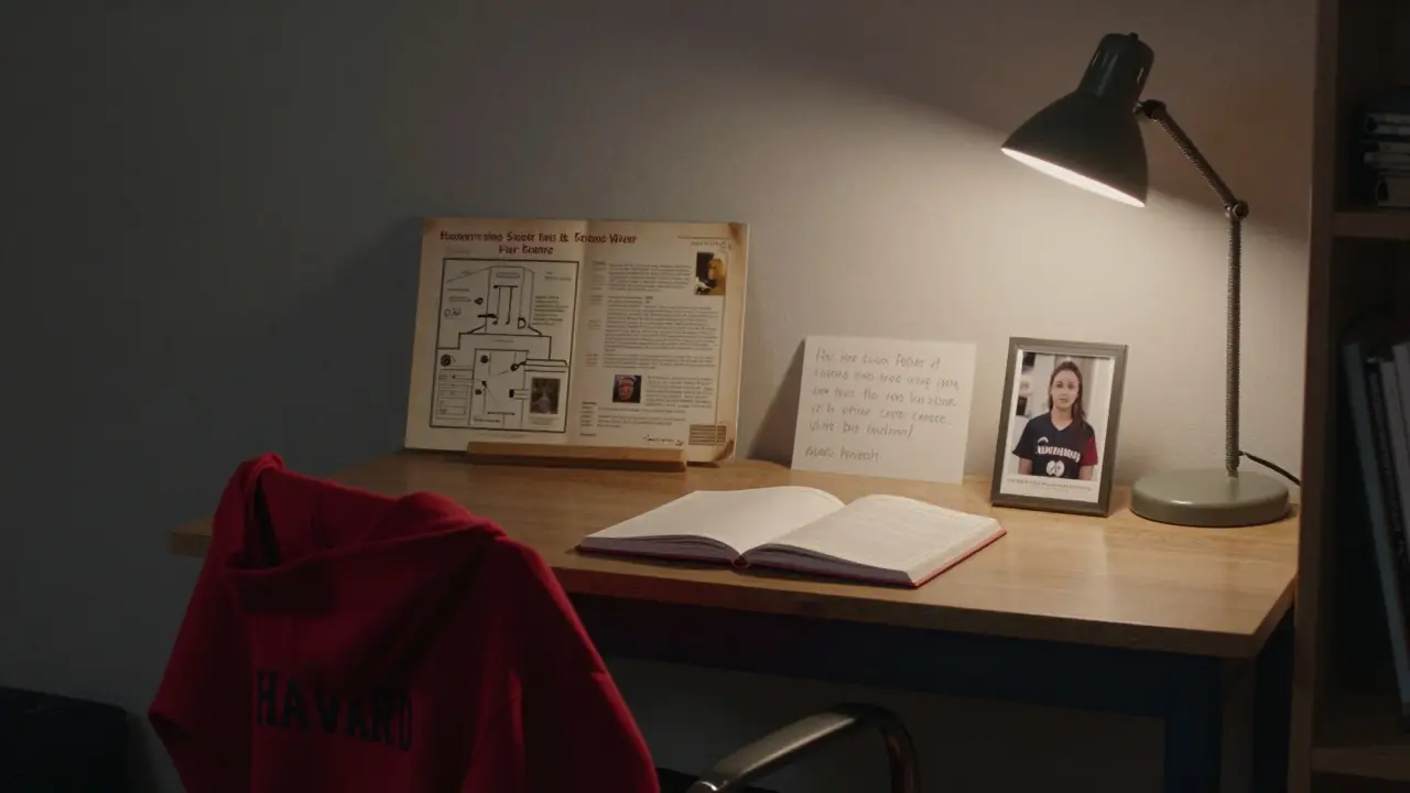A crimson hoodie and journal in a quiet Harvard dorm room, symbolizing quiet determination.