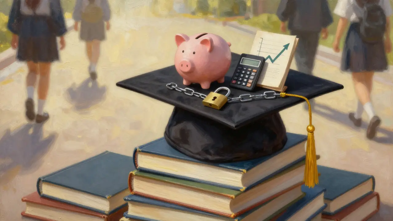 A graduation cap symbolizing financial literacy, replacing traditional academics with money management icons.