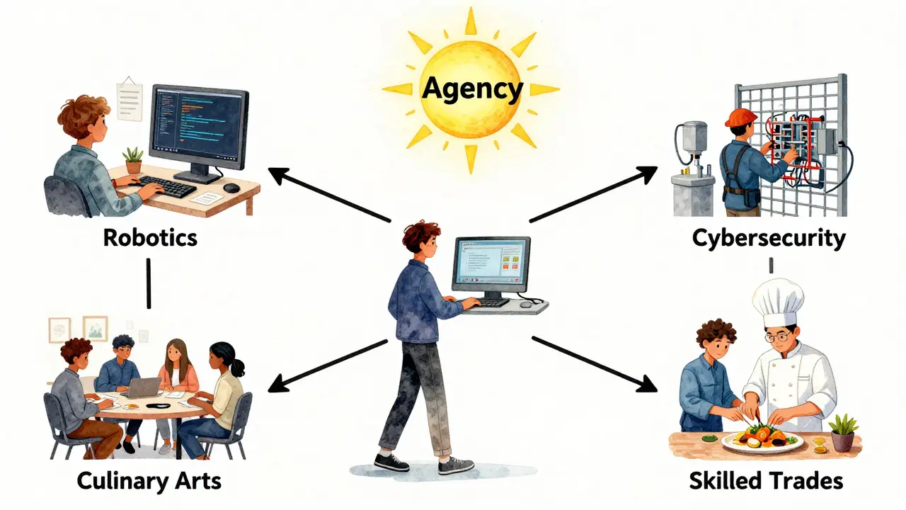 A high school as a career ecosystem with pathways to robotics, culinary arts, cybersecurity, and skilled trades.