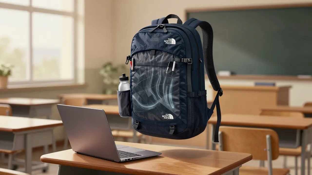 A North Face Borealis backpack with organized interior visible, shown above a desk with laptop and water bottle.