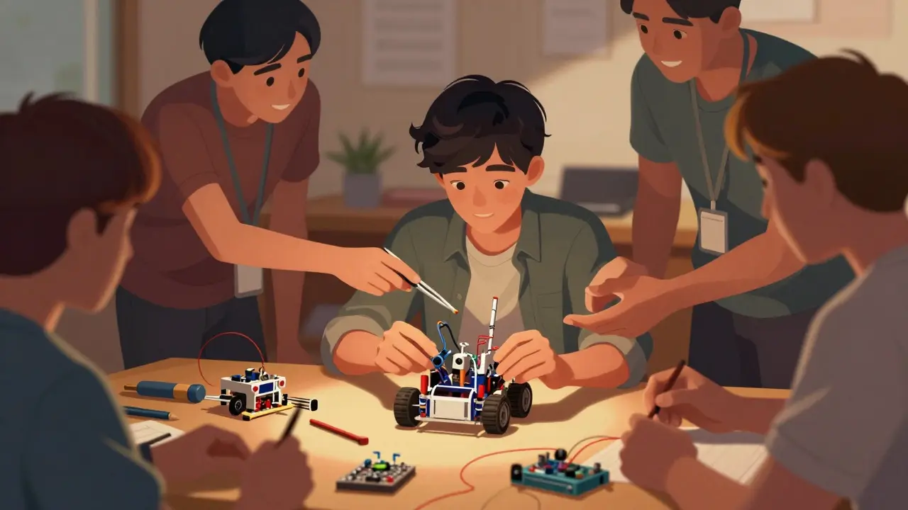 A shy student joins a robotics club, encouraged by a peer, as they work together on a project.