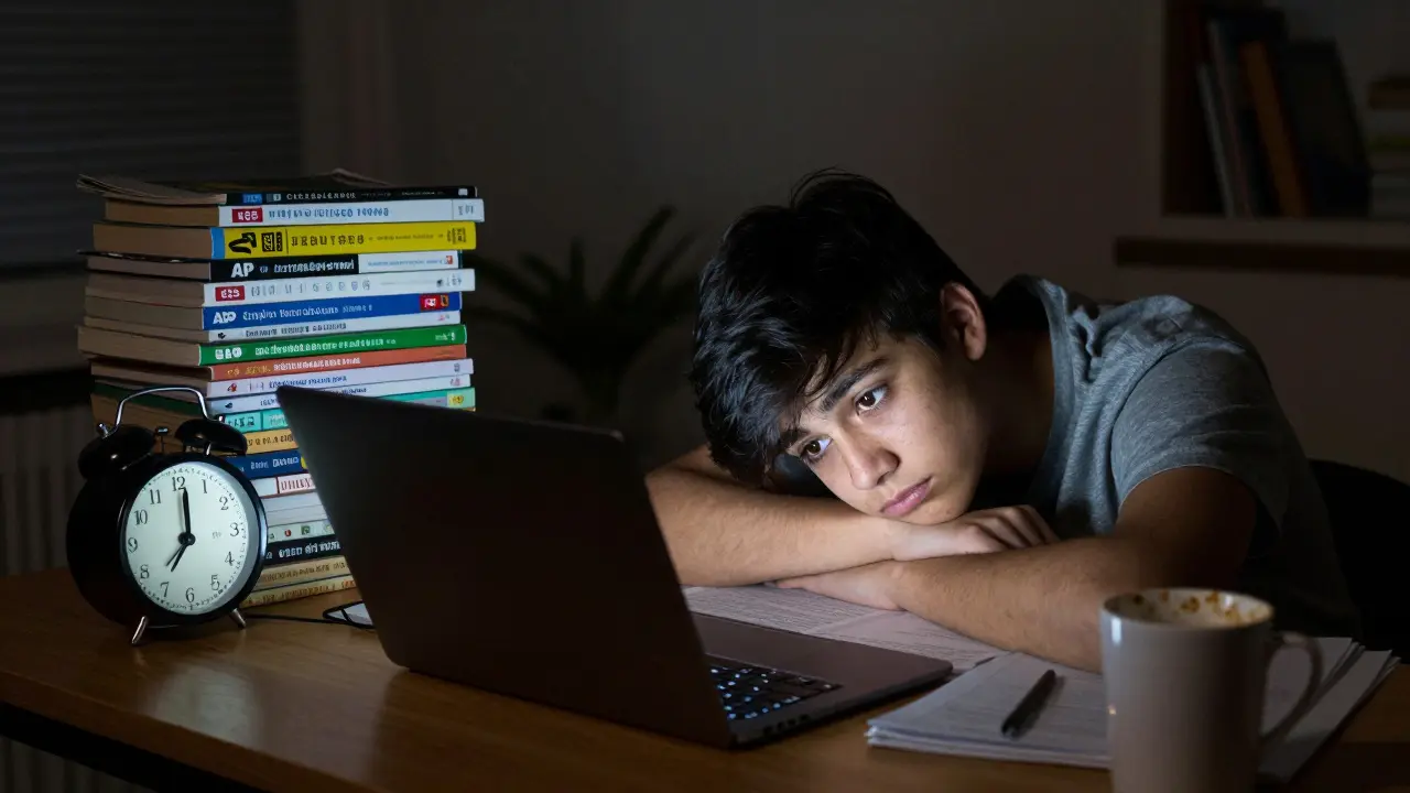 A stressed junior working late at night surrounded by AP books and a college application screen.