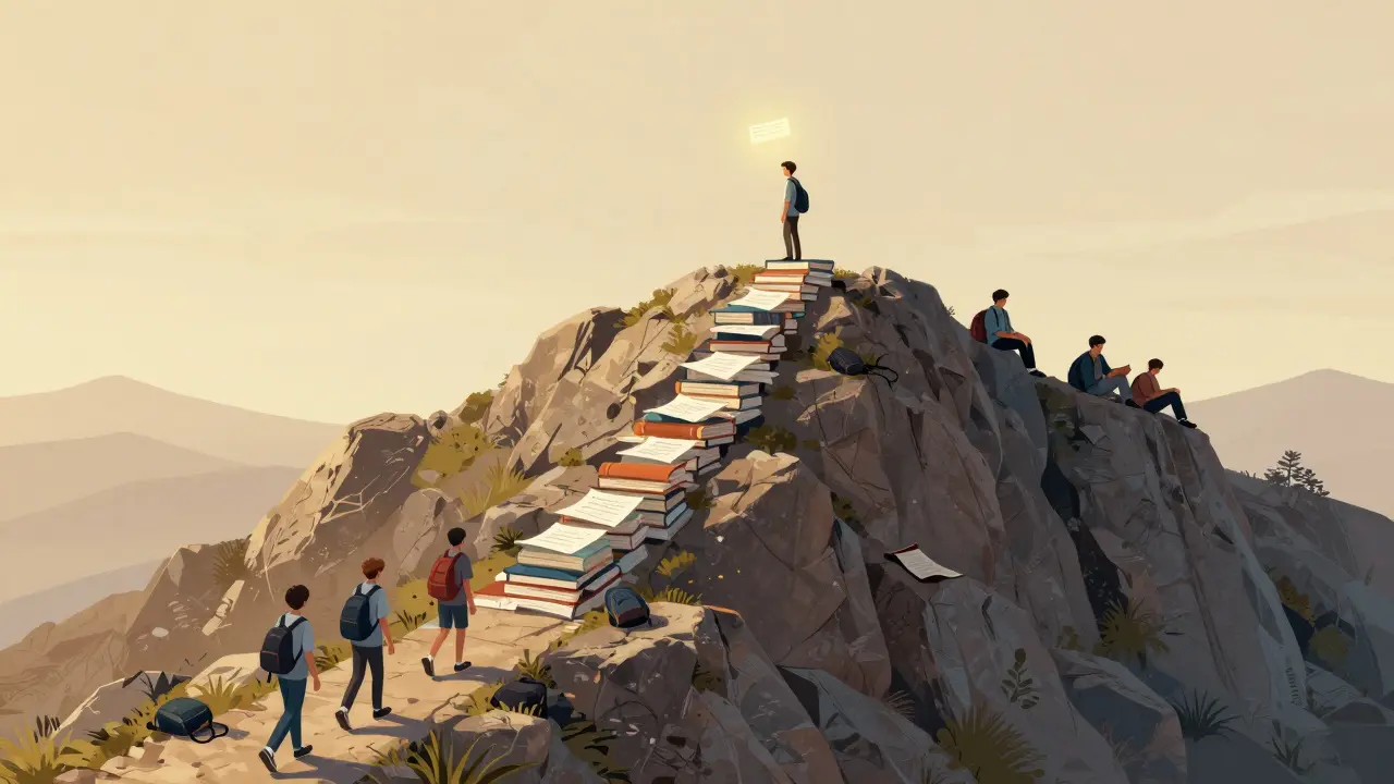 A student climbing a mountain of books toward a glowing college acceptance letter in the distance.