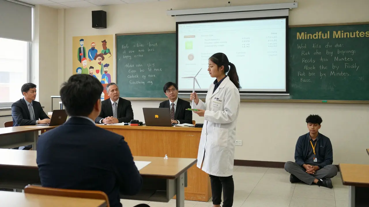 A student presenting a wind turbine project while another meditates during mindfulness time, with equity data displayed on a screen.
