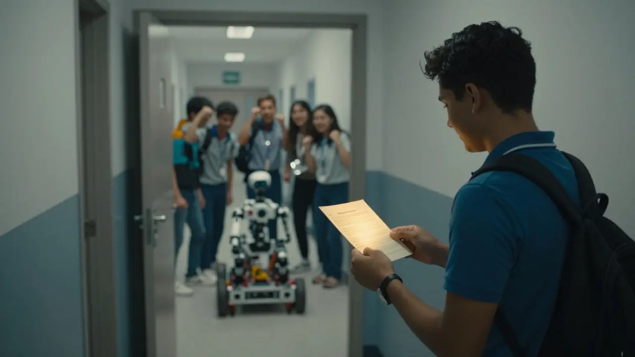 A student receiving a note from a teacher while robotics team celebrates in the background, symbolizing quiet support and achievement.