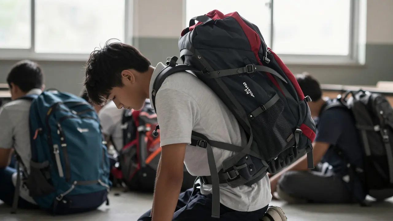 A student wearing a Deuter backpack with hip belt reducing back strain, compared to others struggling with damaged bags.
