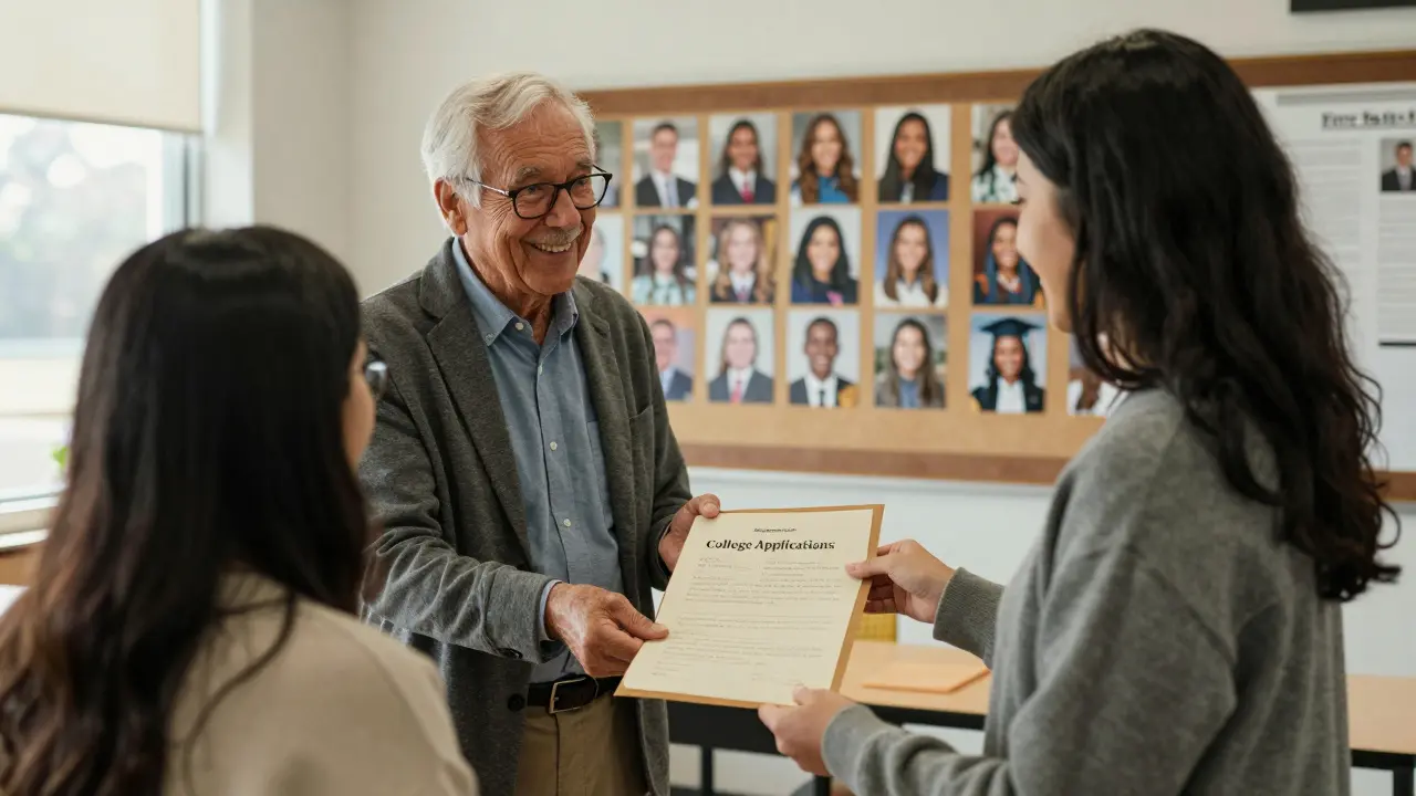A teacher handing a handwritten recommendation letter to a student in a classroom filled with photos of past graduates.