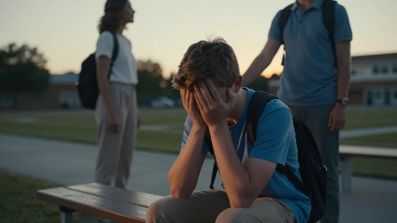 A tired teen on a school bench at sunset, a counselor approaching with kindness and calm.