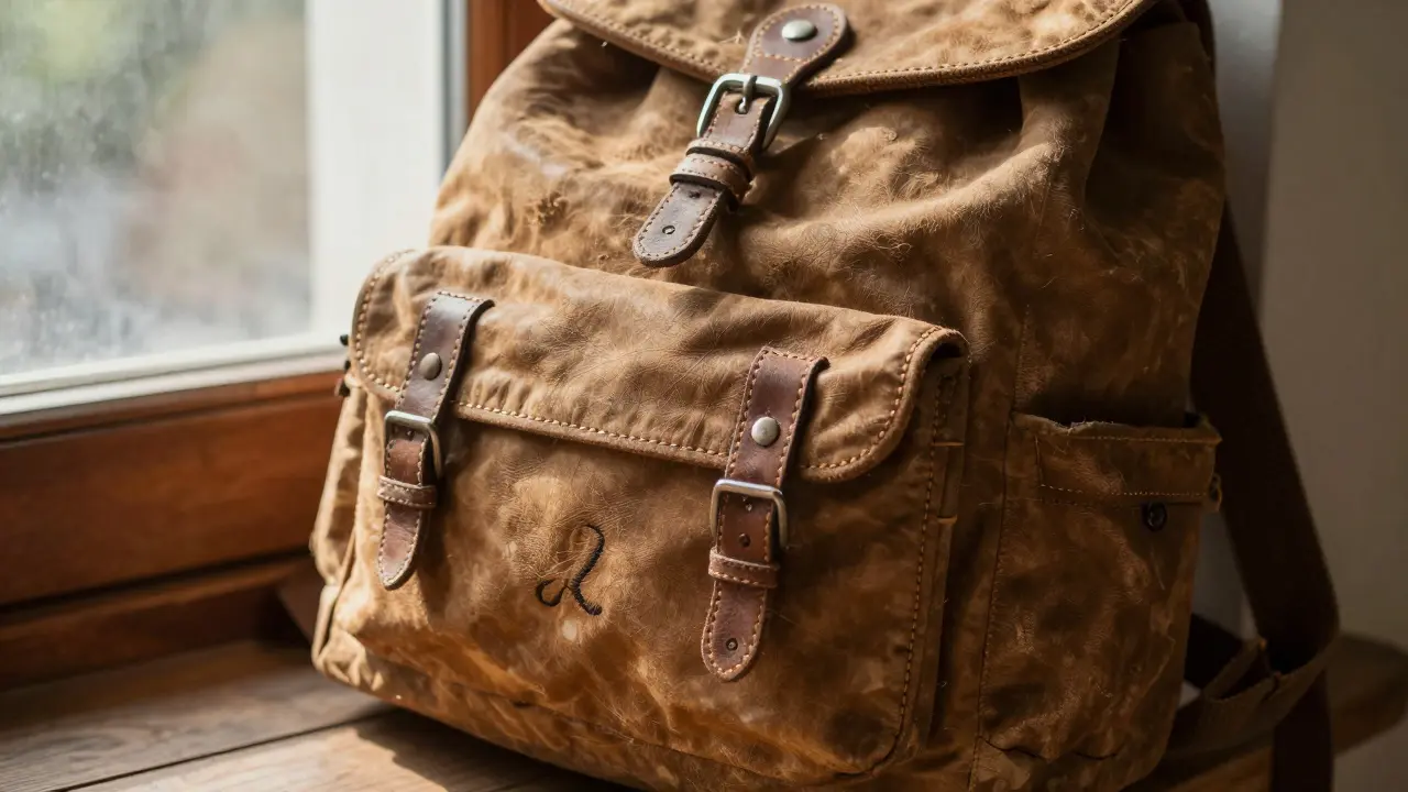 A well-worn randoseru backpack with embroidery and a pin, resting on a wooden sill in soft sunlight.