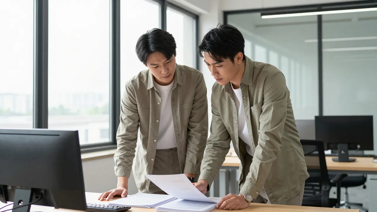 Advisor guides student through application folders in bright office.