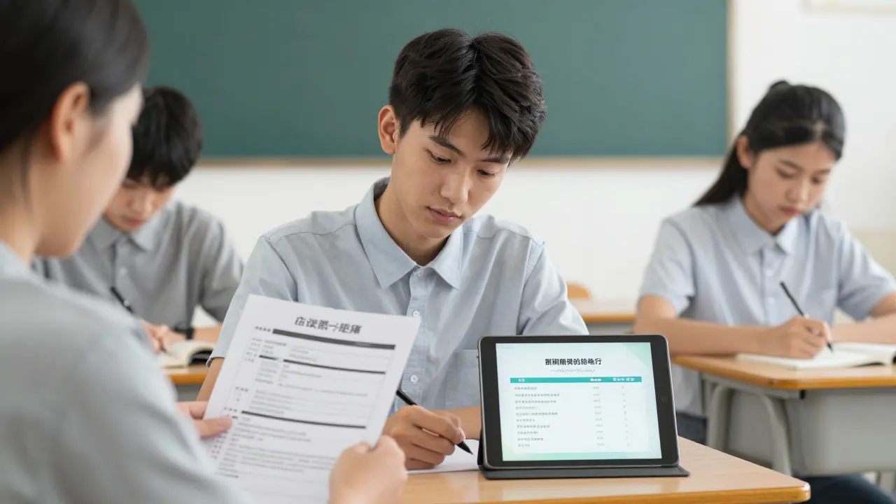 An 18-year-old student in 11th grade reviewing a graduation checklist with a counselor and tablet.