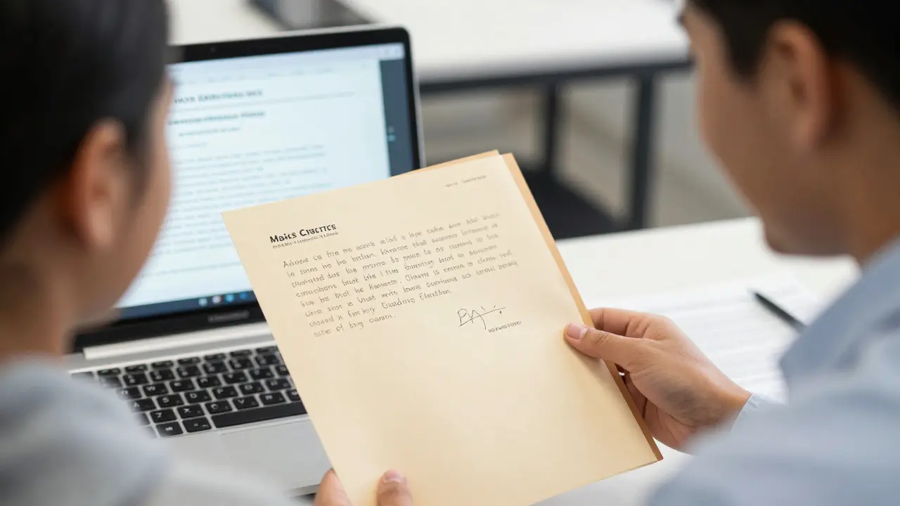 An admissions officer reviewing an application with a note about independent research.