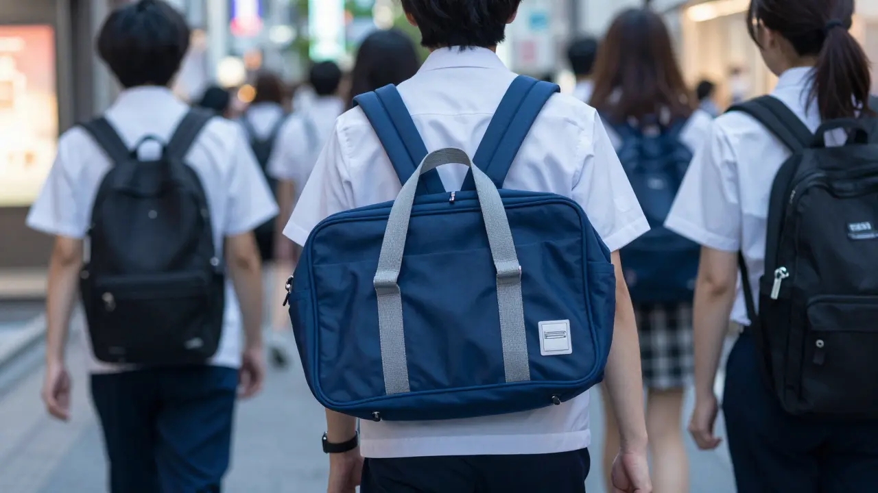 High school student carrying their childhood randoseru through a city street while others use modern bags.