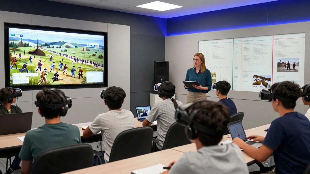 High school students using VR and podcasting tools in a digital classroom, with interactive displays and no traditional textbooks.