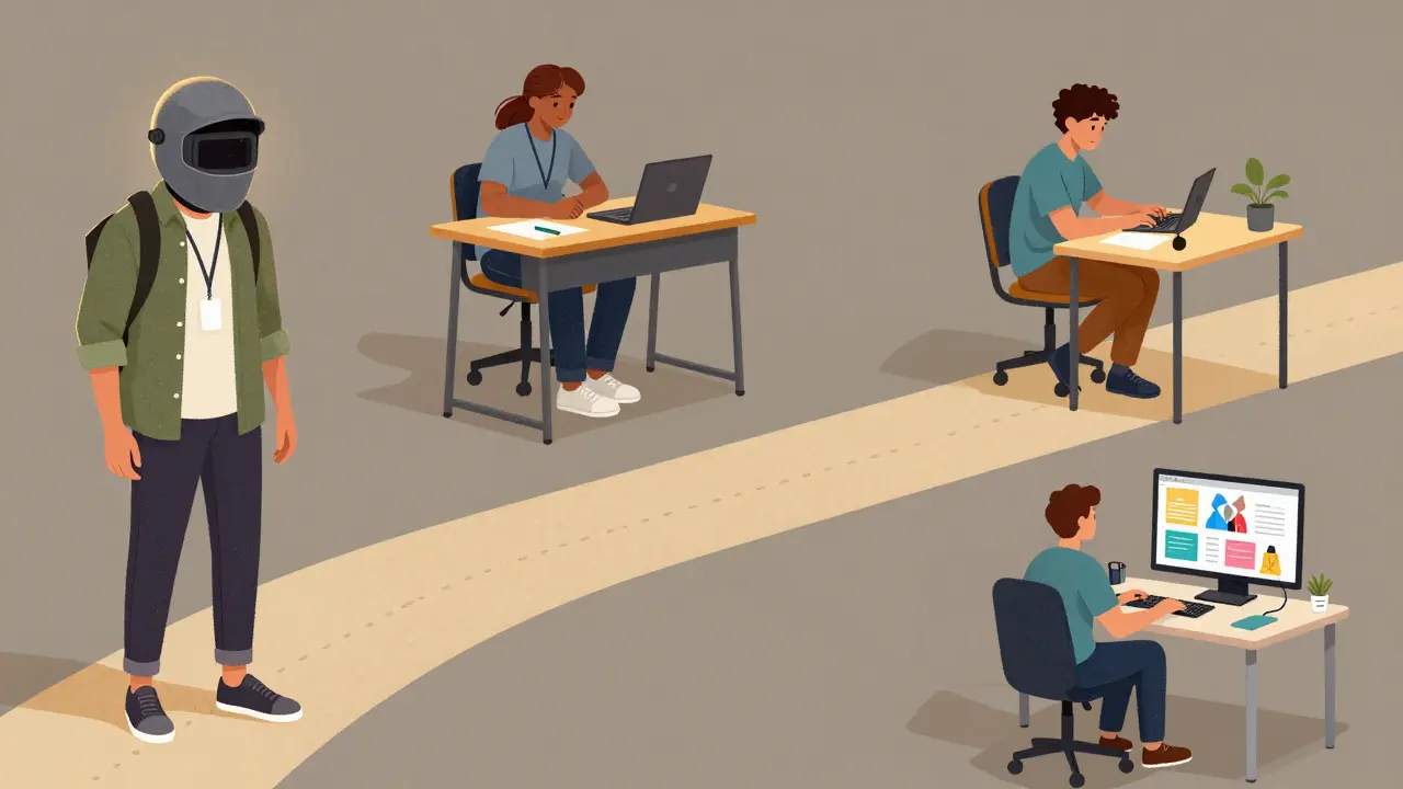 Multiple post-high school paths shown simultaneously: welding, college, volunteering, and design, all illuminated by golden light.