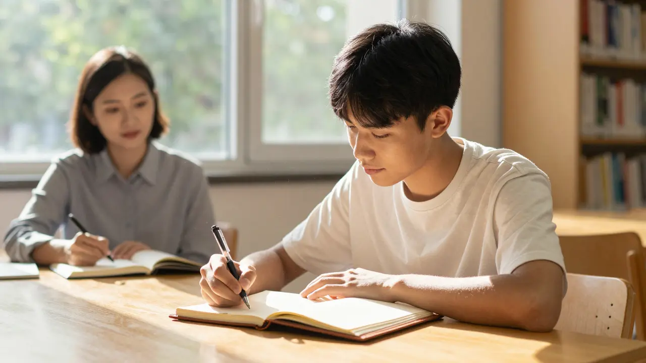 Student writing in a notebook bathed in warm natural sunlight.
