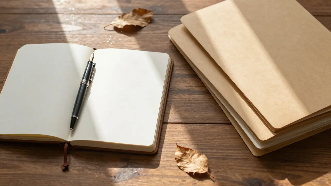 Study desk with notebooks and pen showing seasonal planning tools.