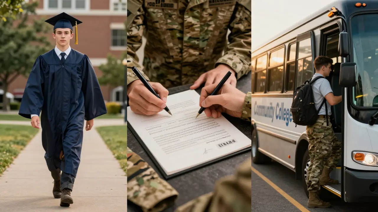Three paths of an 18-year-old graduate: graduation, military enlistment, and community college.
