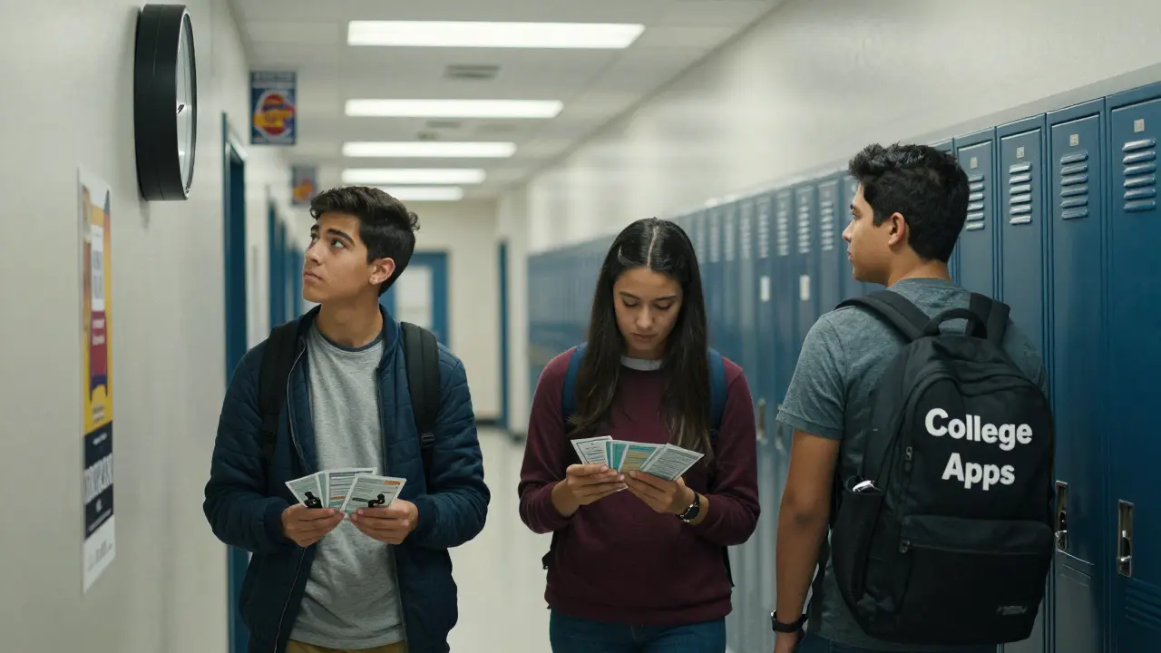 Three students in a crowded hallway, each showing signs of stress during a busy school day.