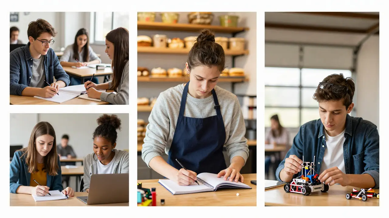 Three students using study hall time for tutoring, work, and building a robotics project.