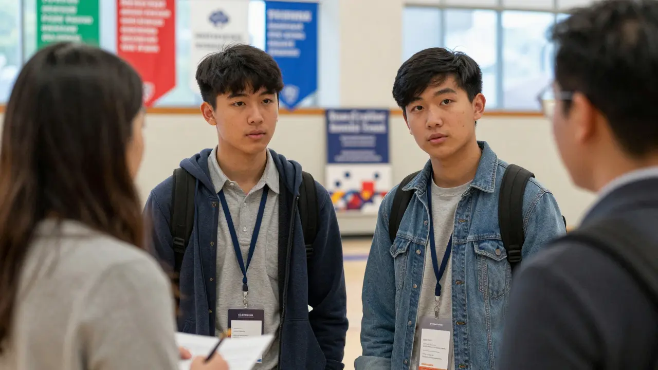 Two teens talking with a college counselor at a fair, one asking a question with quiet confidence.